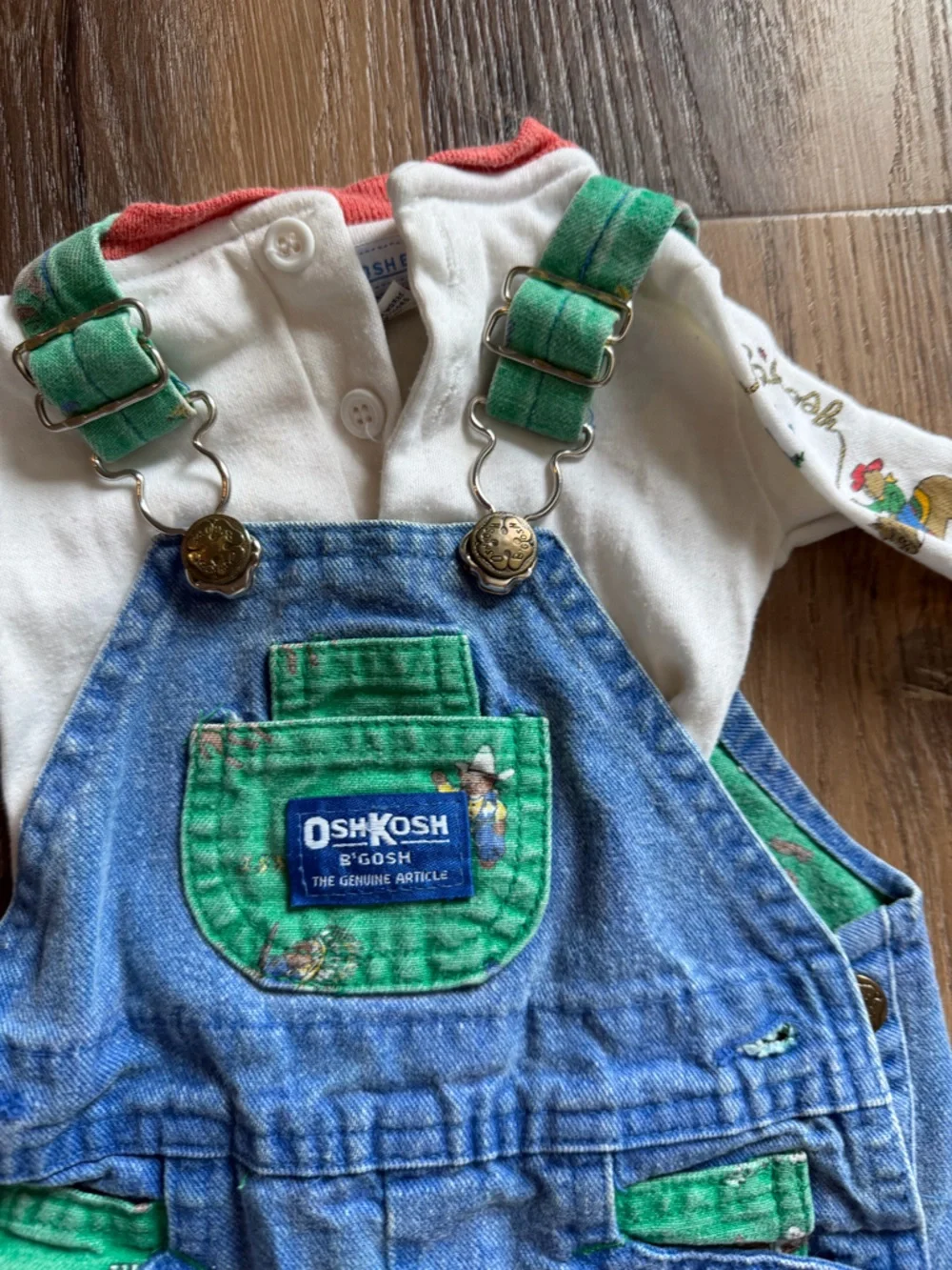 Vintage OshKosh B'gosh Blue Denim Overalls with Green Trim long sleeves